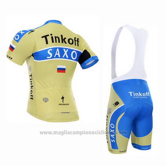 2015 Abbigliamento Ciclismo Tinkoff Saxo Bank Celeste e Giallo Manica Corta e Salopette